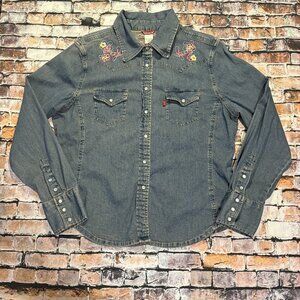 Levis 1990s Pearl Snap Shirt Womens Large LS Denim Western Floral Embroidery